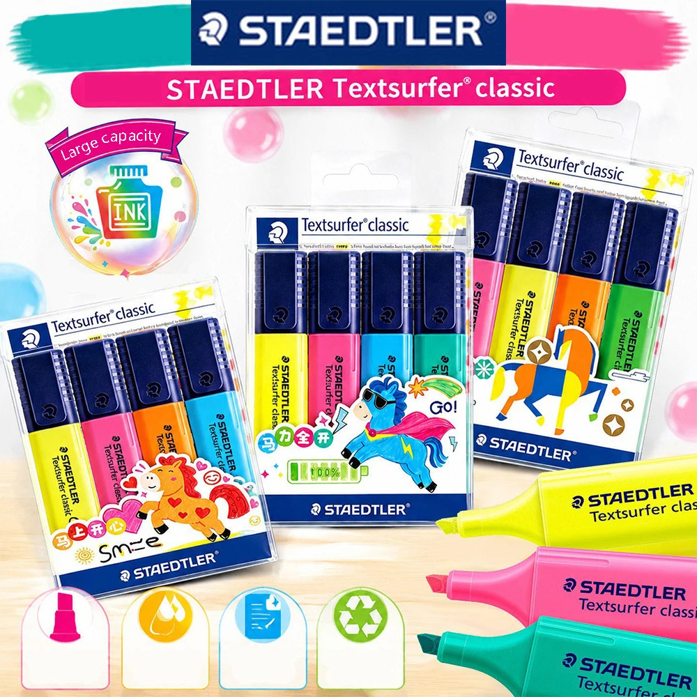 New 4PCS/Set Staedtler 364 Highlighter Pen Color Set Marking Pen Painting Graffiti Marking Number Pen Kawaii School Stationery