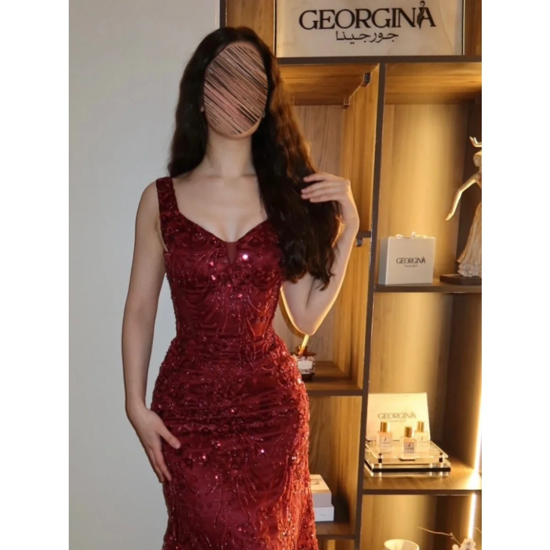 Bella Customized Spaghetti Strap Fit‑to‑flare Prom Dress Beaded Sequins vestidos de noche Floral Lace Appliques Evening Dresses