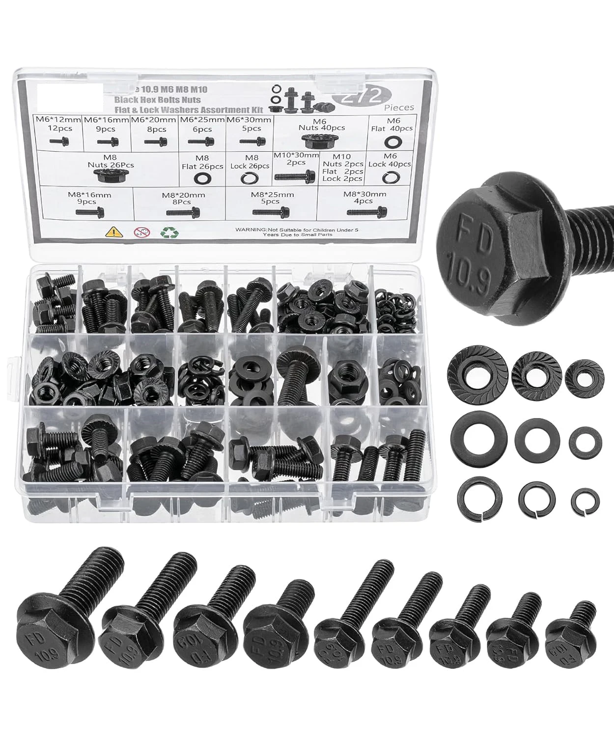 

272 items, black carbon steel, grade 10.9, M6, M8, M10 (from 12mm to 30mm), hexagonal head flange metric various nuts and bolts