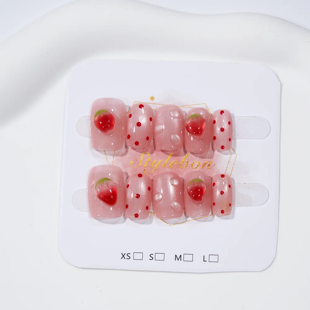 10개 수제 프렌치 캣아이 딸기 물방울 무늬 풀커버 네일 팁 여성용 & 소녀용 탈부착 가능 웨어러블 네일