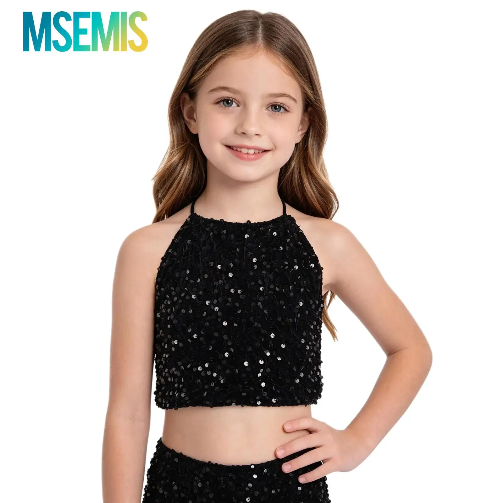 

Kids Girls Sparkling Sequins Velvet Crop Top Jazz Dance Tops Hip-hop Performance Costume Sleeveless Cross Back Vest Tops