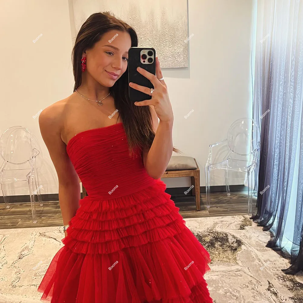 Booma Red A-Line Prom Dresses Strapless Tiered Tulle Graduation  Party Gowns High Side Slit Formal Evening Dress for Women