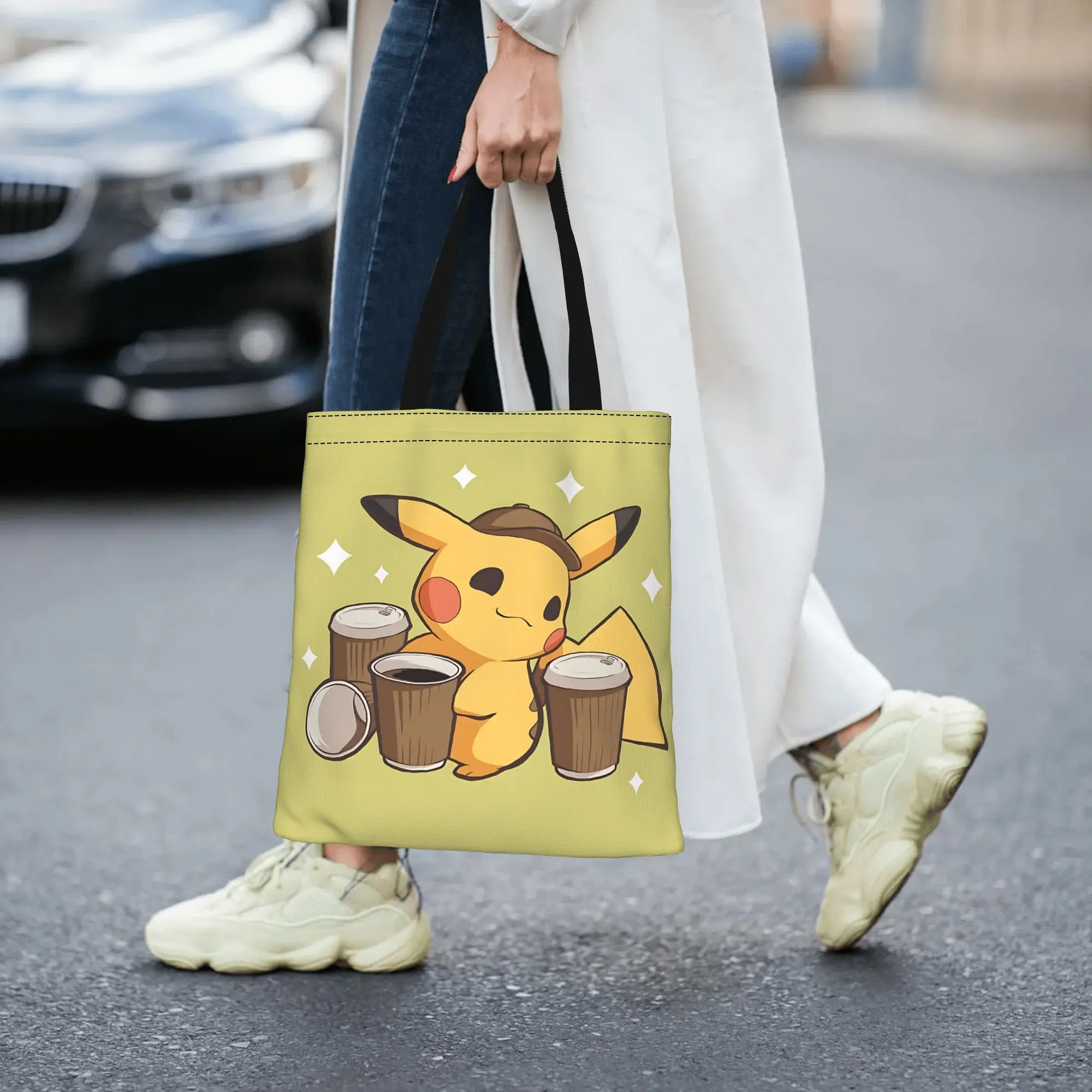 Customized Cartoon Pokemon Theme Women's Bag Campus Handbag Large Capacity Pikachu Meme Canvas Tote Bag Foldable Chic Pattern