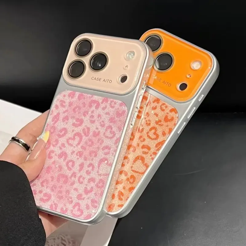 Luxury Glitter Heart Leopard Print Crystal Lens Protect Case For iPhone 17 16 15 14 13 18 Pro Max Instantly Change Matte Cover