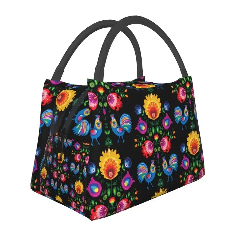 Polish Folk Flowers And Roosters Lunch Box for Women Waterproof Poland Floral Art Cooler Thermal Food Insulated Lunch Bag