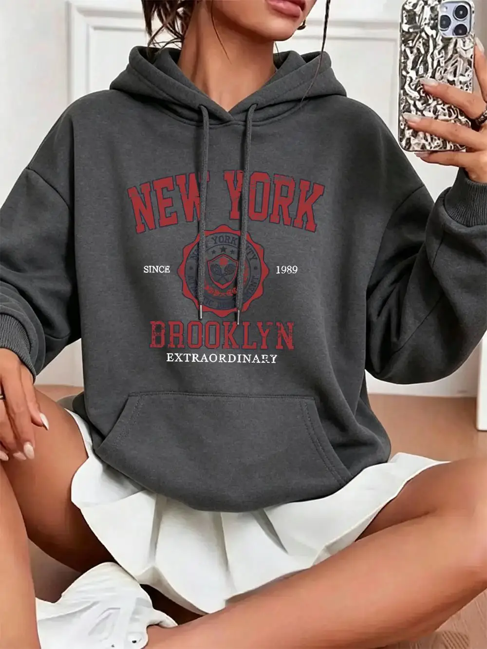 New York Brooklyn Art City Print Women'S Hoodie All-Match Pocket Hoody Vacation Loose Pullovers Autumn Fleece Streetwear