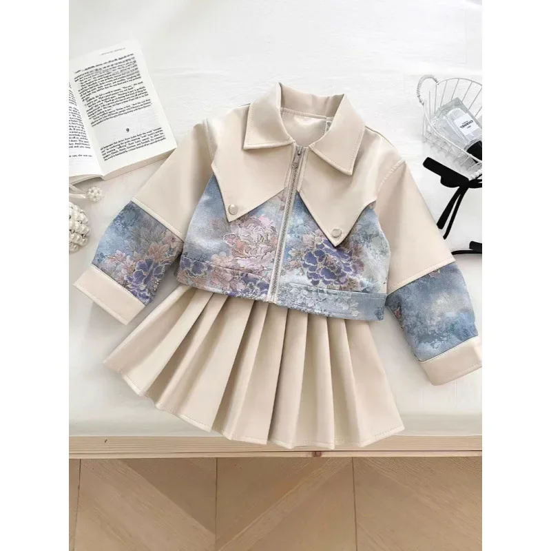 

Children's Leather Jacket Set New Autumn Fashion Pleated Skirt for Girls Spring and Autumn Stylish Motorcycle Two-Piece Set Tren