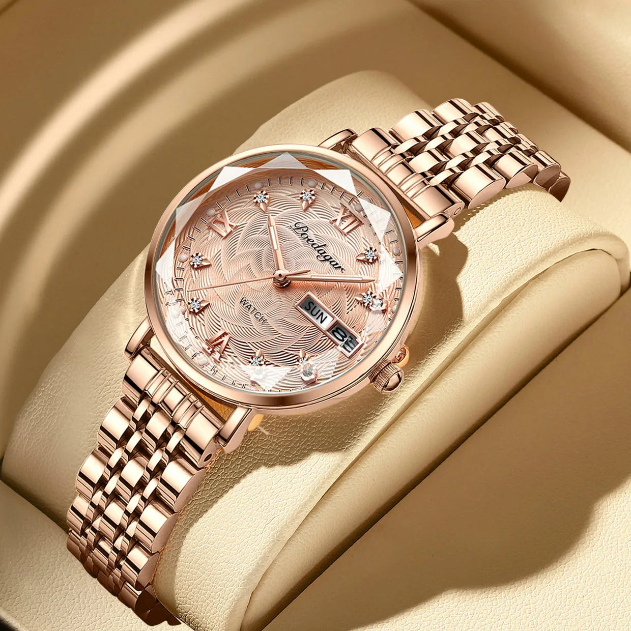 POEDAGAR Top Elegant Ladies Watch Waterproof Luminous Date Week Luxury Women's Watches Rose Gold Fashion Quartz Woman Wristwatch