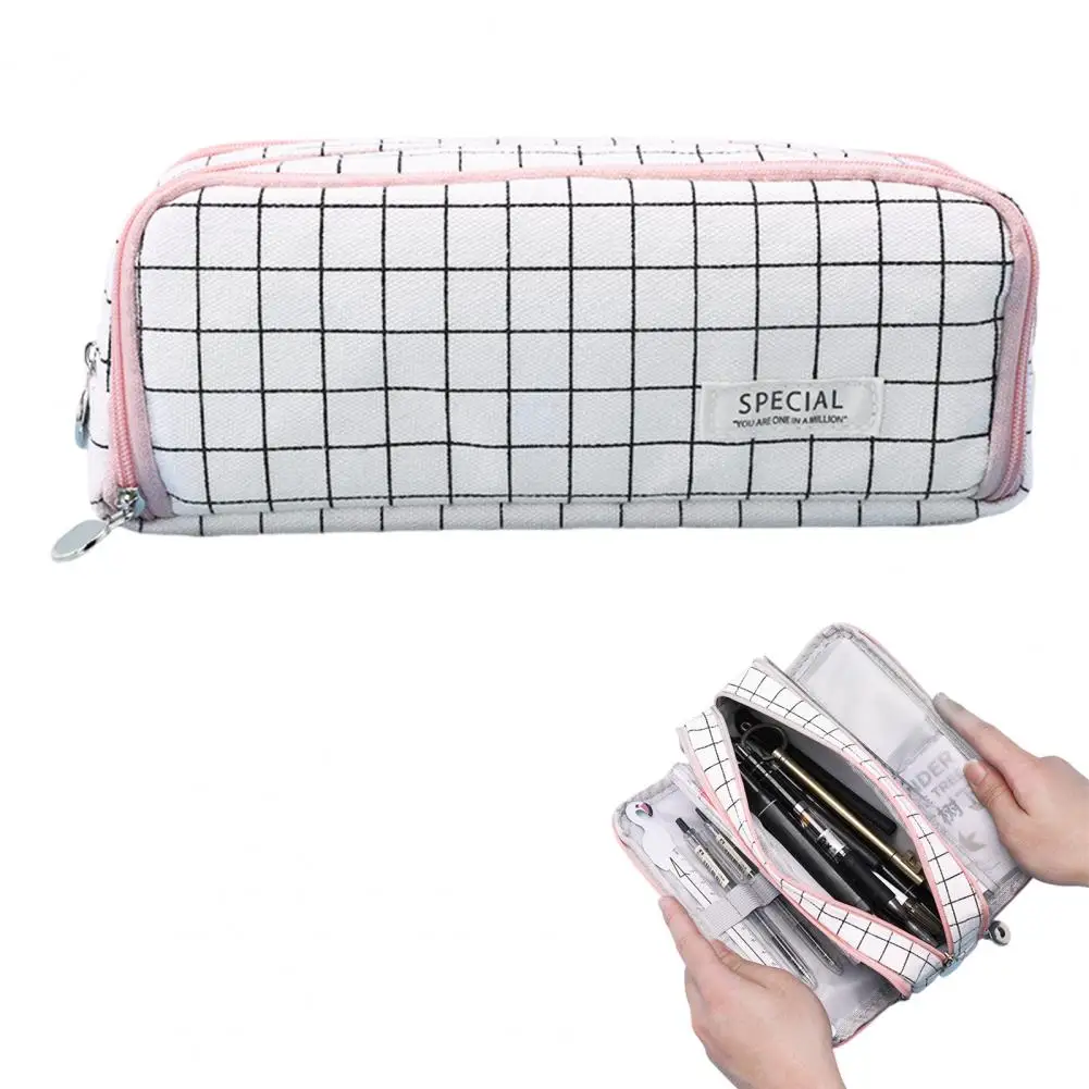 กระเป๋าซิปกระเป๋าดินสอกระเป๋าดินสอผ้าใบกว้างขวางพร้อมช่องหลายช่องสำหรับองค์กรแต่งหน้าสำนักงานสำหรับผู้ใหญ่