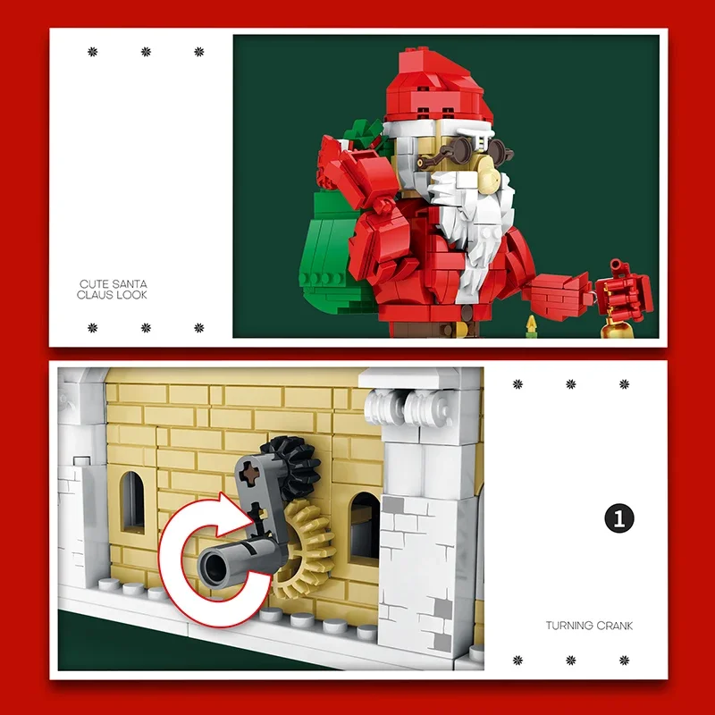 1038PCS Santa Claus Sleigh Building Blocks Mechanical Box Manual Drive Model Bricks Desktop Ornaments Puzzle Toy Holiday Gifts