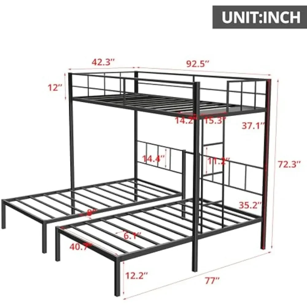 Metal Triple Bunk Bed, Detachable Triple Bunkbed for 3 with Guardrails & Ladder