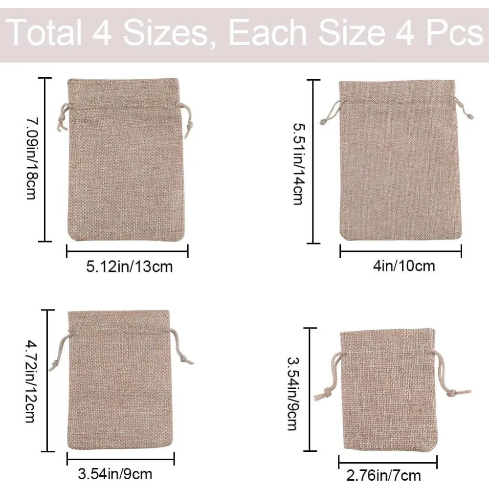 16Pcs 4 Sizes Jewelry Burlap Bags 3.5/4.7/5.5/6.3Inch Drawstring Khaki Colors Linen Sack Pouches for Jewelry Wedding making kit