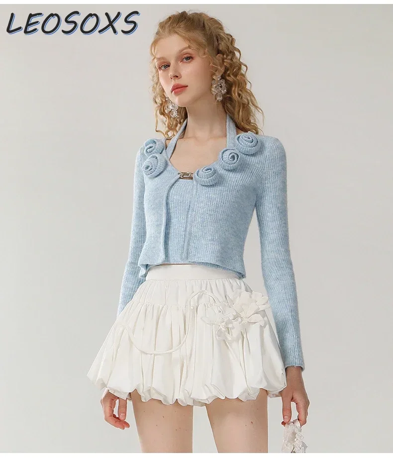 LEOSOXS Sweet Girl Top 2024 Autumn/Winter Three-dimensional Flower Wool Cardigan Neck Vest Two-piece Set Women Blue Cardigan