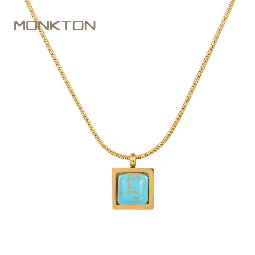 Monkton Turquoise Stone Pendant Necklace for Women Girls Gift Titanium Steel Natural Gemstone Pendant Necklace