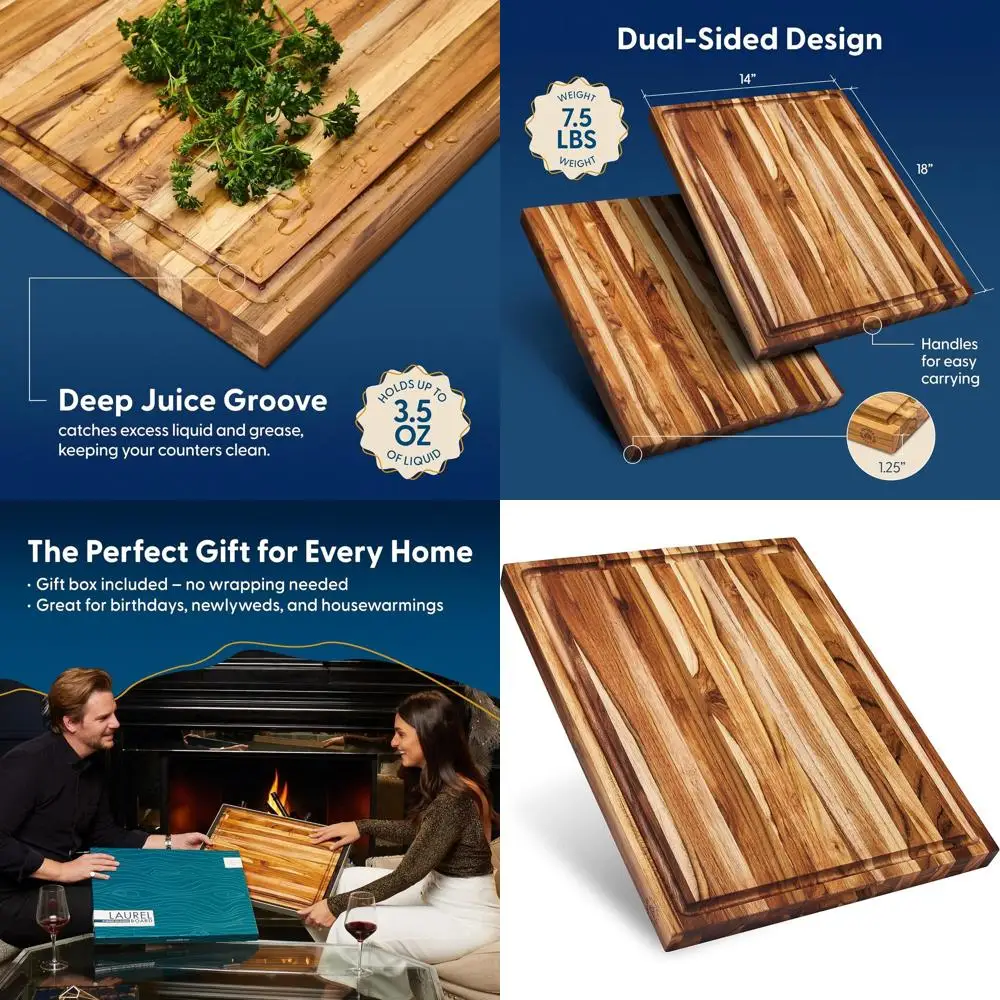 

Reversible 18x14 Teak Wood Charcuterie Board with Juice Groove - 1.25 Thick, Gift Boxed
