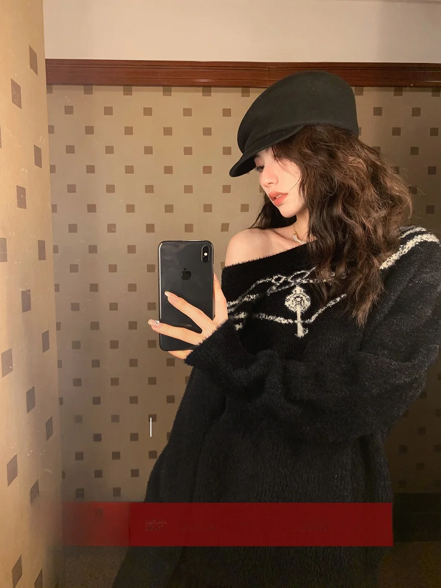 

Baroque Sle Knitted Nelace Imitation Mink Loose Sweater Women Autumn Winter Comfortable round Ne Long Sve Casual Fas...