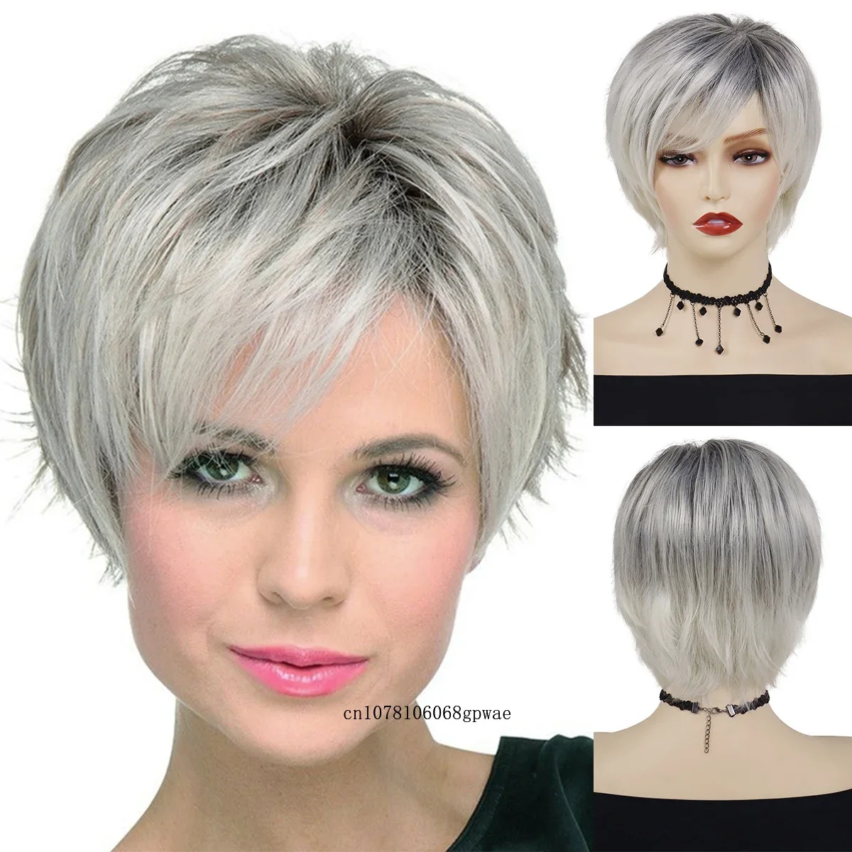 Pixie Cut Wig Synthetic Short Ombre Grey Wigs for Old Women Natural Looking Daily Cosplay Grandma Wig with Bangs Heat Resistant