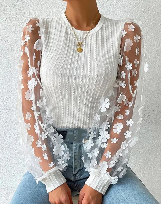 

T Shirt Women Floral Pattern Sheer Mesh Casual Tee Woman Clothes Cable Textured Spring Slim Female Long Sleeve Round Neck Tops