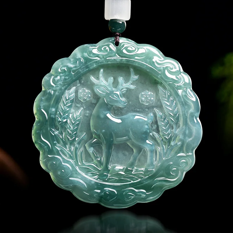 Natural A-grade Jadeite Blue Water Plum Blossom Deer Auspicious Snow Auspicious Year Jade Pendant for Couples Men and Women