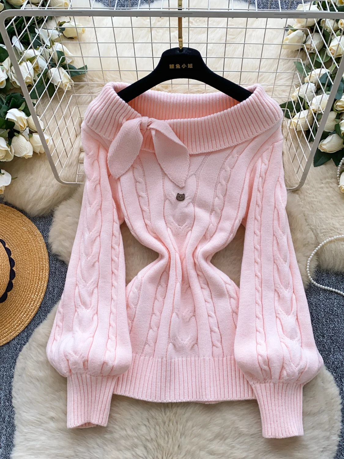 

Women's Pink Knit Slash Neck Pullover Sweater Vintage 2000s Elegant Long Sleeves Sweater for Women Autumn Winter Shoujo Clothes