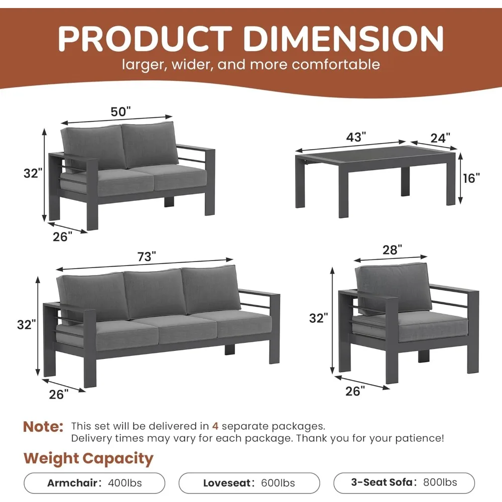 مجموعة أثاث الفناء المصنوعة من الألومنيوم لجميع الأحوال الجوية، مجموعة أثاث خارجي معدني كبير الحجم مع مقعد عميق 27.5 بوصة ومسند ذراع عريض 3.2 بوصة #2