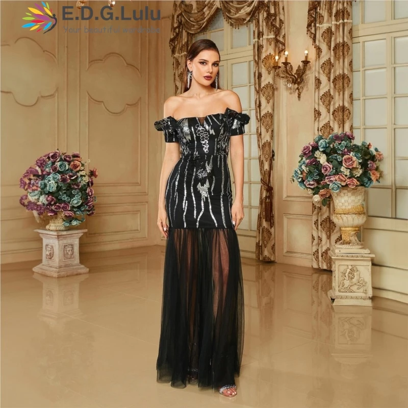 

EDGLuLu Off Shoulder Short Sleeved Formal Occasion Dresses Elegant Printed Sequin Patchwork Mesh Long Evening Dresses 0729