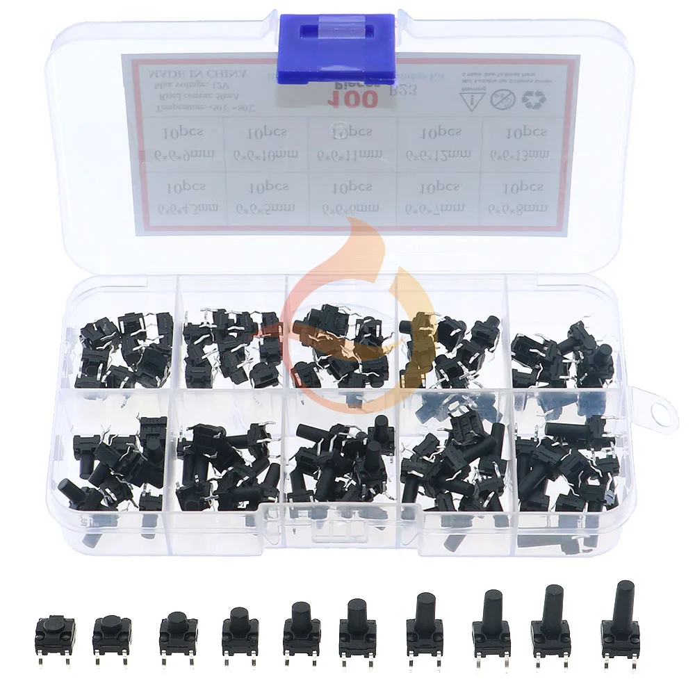 100Pcs 10values 4.3mm-13mm 6x6mm Seal Saterproof Tact switch Button Dustproof Switch Assorted Kit