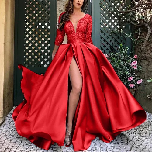 Vestido de primavera para mujer, traje Sexy ajustado con costuras de encaje, abertura, manga larga, cuello en V, cintura alta, fiesta, Formal