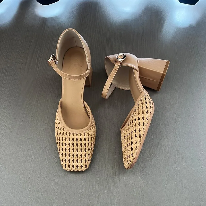 

Braided Mary Jane Shoes Women 2026 New Summer Hollow Out Breathable Chunky Heel Baotou Sandals