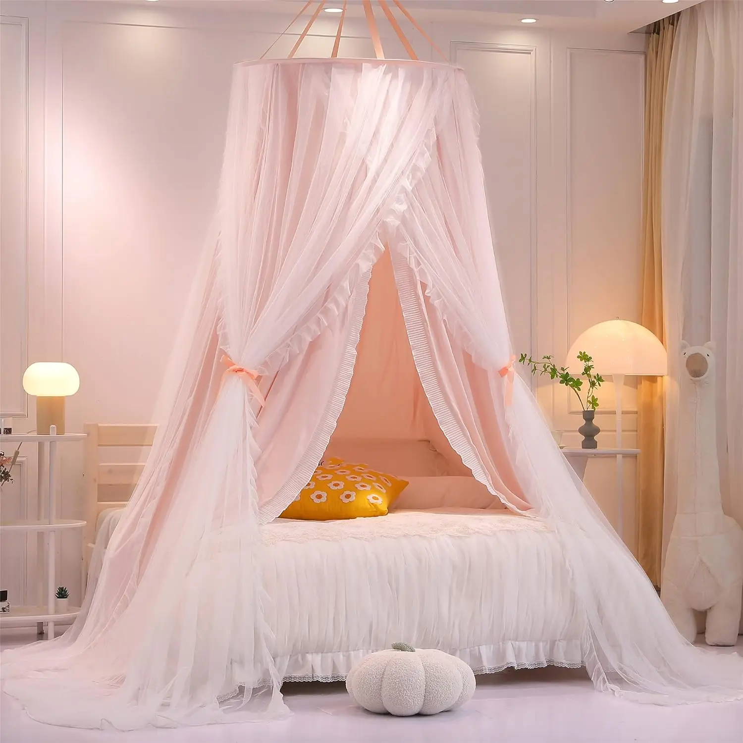 

Double Layer Princess Dome Canopy Bed Curtain for Girls, Adults, Children - Pink/White Dreamy Mosquito Net and Castle Play Tent