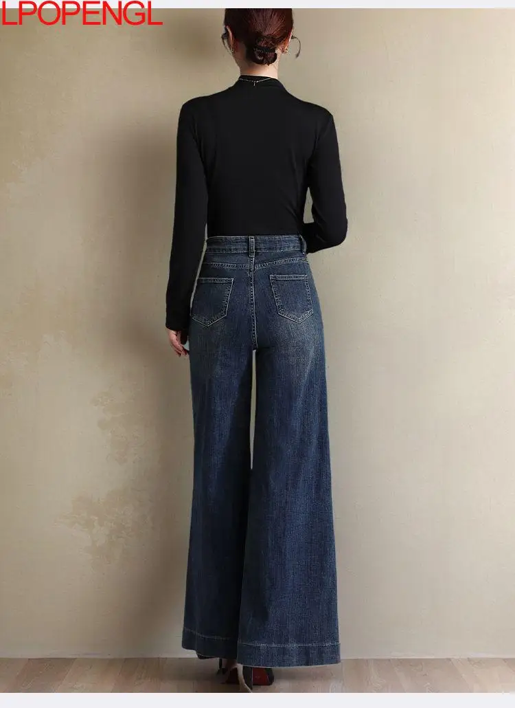 Moda Otoño e Invierno 2025 pantalones elásticos de mezclilla de cintura alta nuevos pantalones sueltos Retro Color sólido acampanado pantalones de pierna ancha tendencia