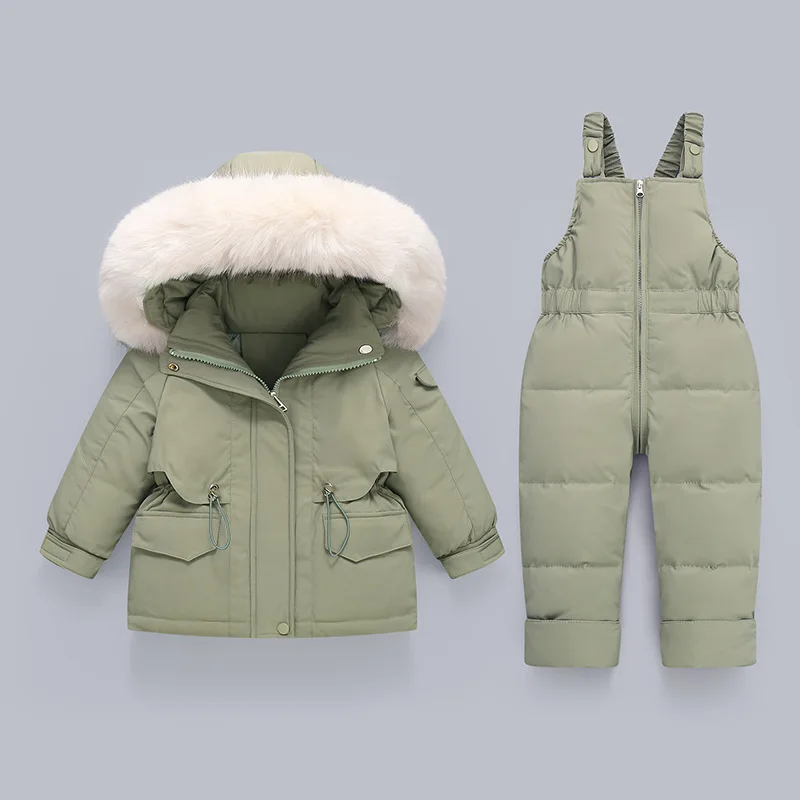 Children\'s Down Jacket Suit for Toddler Girls Boys 2023 New Baby Two Piece Fur Collar Strap Pants Kids Winter Jacket 6 Color