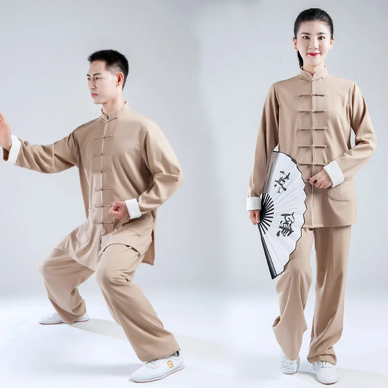 High-grade Tai Chi Uniform Kung Fu Clothing Men Martial Arts Clothes Wu Shu Practicing  Wear Unisex Comfortable Fabric Khaki