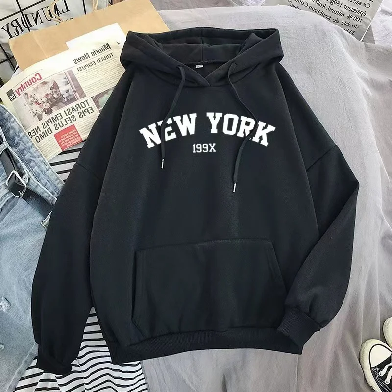 Hoodie Europe and America Sweatshirts for Women New York Letter y2k Autumn Winter Oversized Plus Velvet Casual Loose Fleece Tops