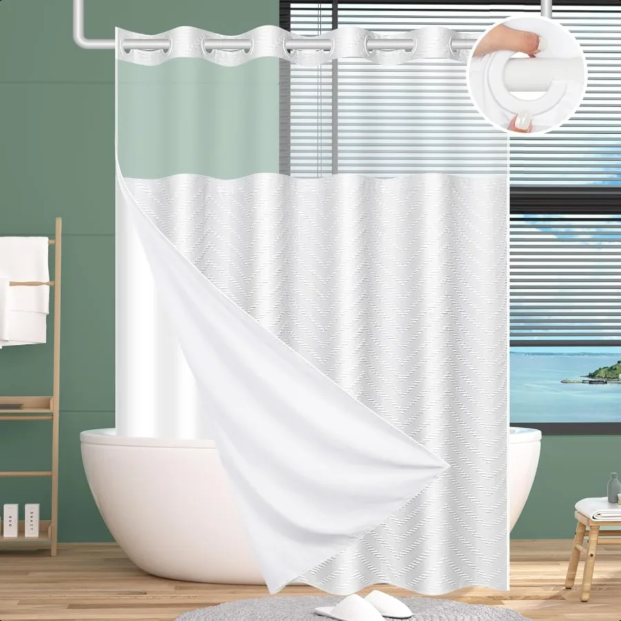 

No Hook Shower Curtain and Snap in Liner Set White Tufted Chevron Striped Cloth Waterproof Washable Fabric Boho Bath Curtain wi