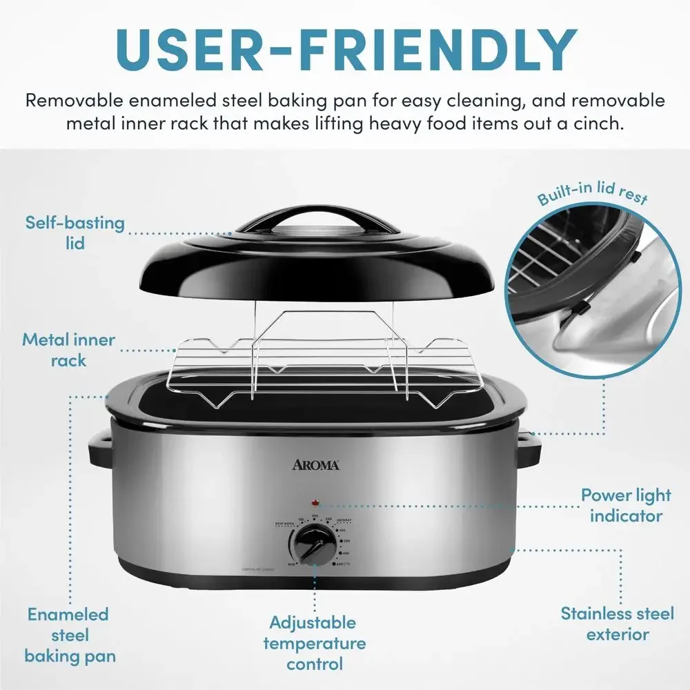 22Qt Roaster Oven Self Basting Lid Stainless Steel Extra Large Capacity Keep Warm Setting Adjustable Temperature Easy Clean