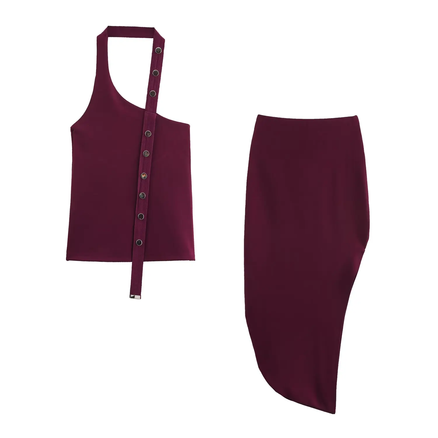 

TRAF & Women 2025 Spring New Fashion Lazy Style Hanging Collar Asymmetric Backless Vest Elastic Waist Skirt suit Mujer