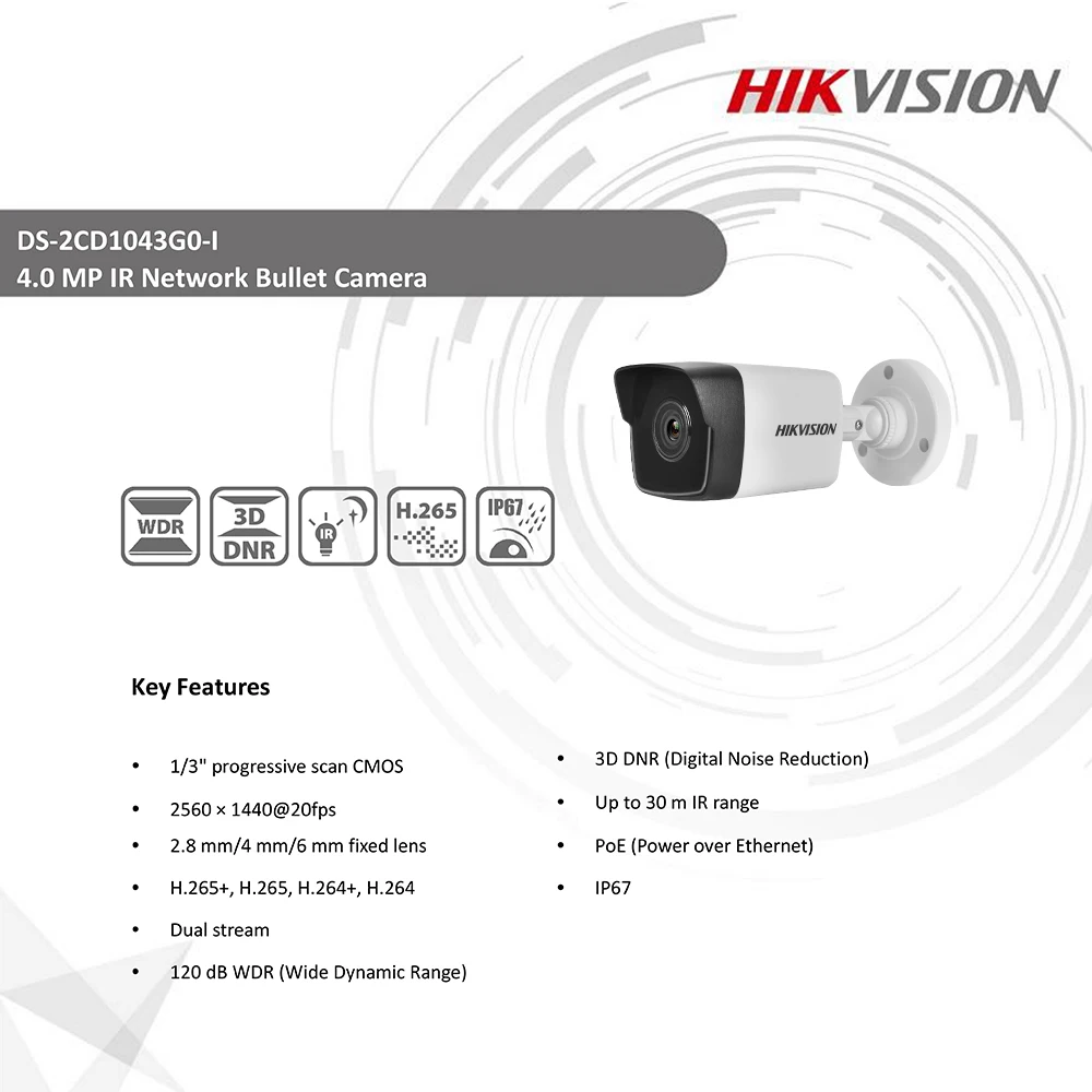 Hikvision Original 4MP EXIR 2.0 IP Camera DS-2CD1043G0-I H.265+ 30m IR IP67 WDR POE Video Surveillance IPC