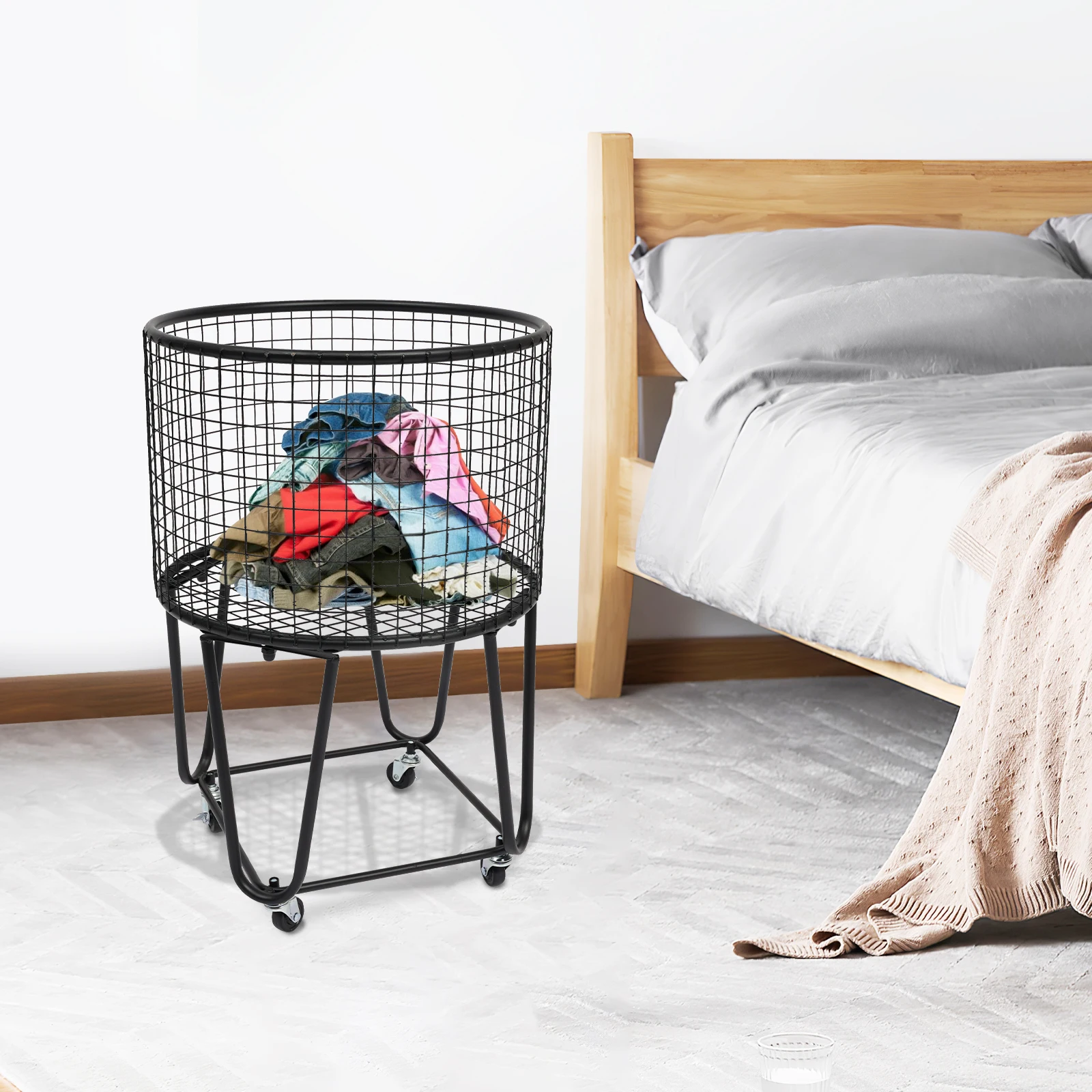 

Round Metal Steel Mesh Laundry Storage Cart,Black Laundry Basket with 4 Wheels Tube 10mm Free Standing 43*30cm for Laundry Rooms