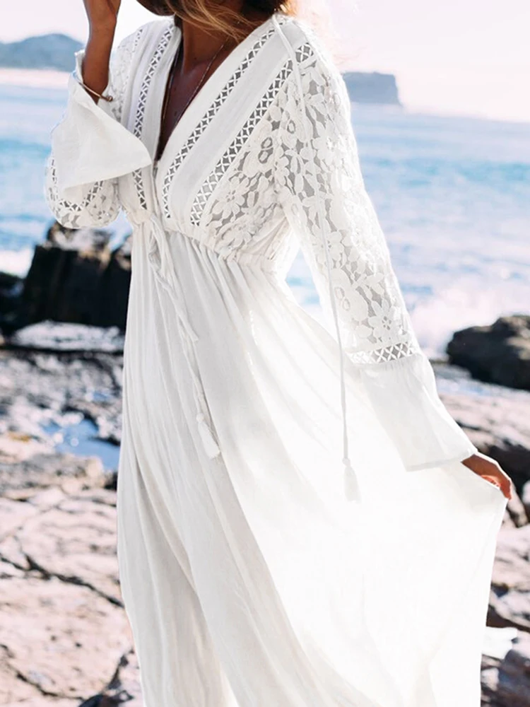 2024 Maxi Dress Tassel Kaftan Boho Beach Dress White Kimono Cover Up Ropa De Playa Beach Pareo Tunic Kaftan Swimsuit