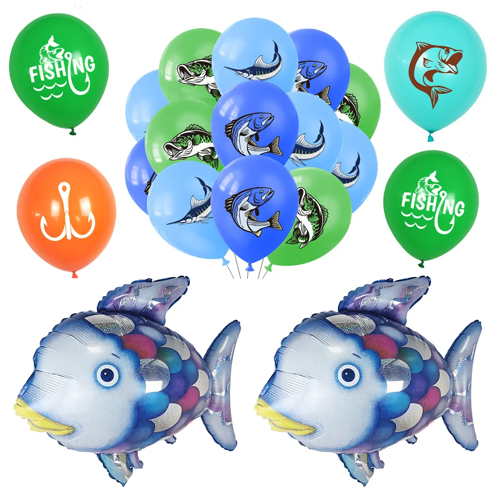 Globos de fiesta temáticos de pesca, globo de helio de látex de pez verde y azul, suministros de decoración para fiesta de cumpleaños y pesca en el mar