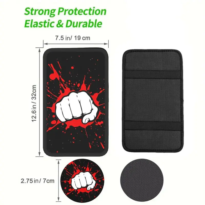 1Pc Car Armrest Cover + 2Pcs Cup Coasters With Fist Red Splatter Print, Car Interior Accessories