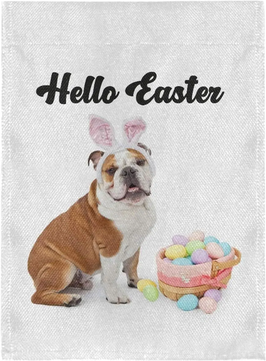 Bandera de jardín con huevos de Pascua de Bulldog Inglés, decoración para el hogar y exteriores, pancarta de patio pequeño con efecto de arpillera de imitación y doble cara Pr HHU