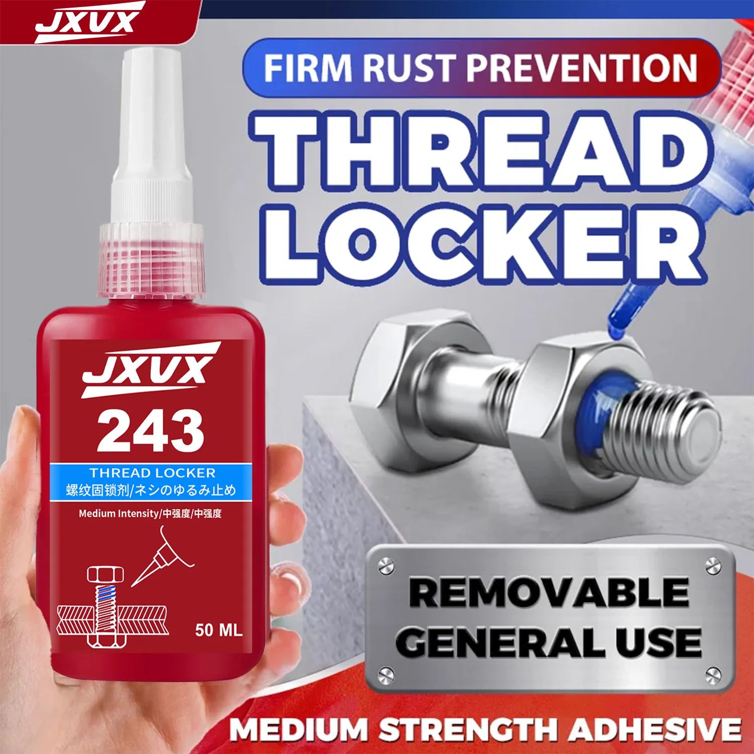 10 unidades de 243 fixadores de rosca azuis de resistência média Thread Lock Blue 1,69 fl oz/50 ml, para fixar e vedar porcas, parafusos, fixadores e metais, fixador de rosca azul contra afrouxamento e vazamento 10 g.