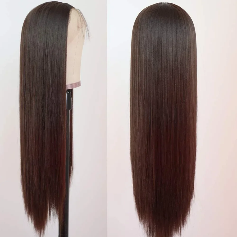 New 13x1 T Part Lace Front Synthetic Long Straight Wig For Women 28 Inch Brown Transparent Lace Frontal Daily Party And Use