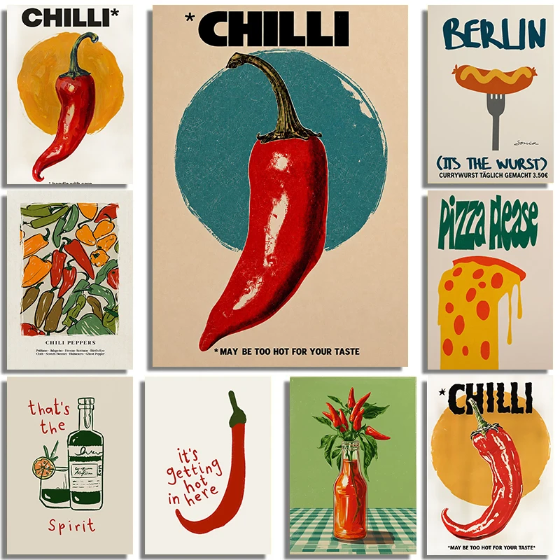 Vintage Kitchen Chilli Pepper Posters Bar Foods Abstract Wine Glass Prints Canvas Painting Wall Pictures Home Living Room Decor