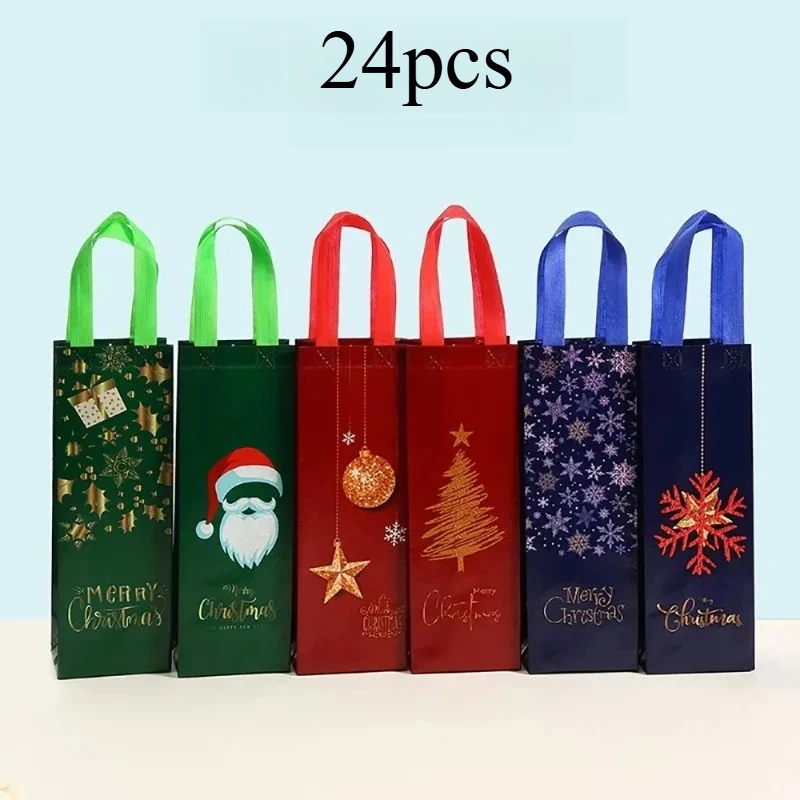 24pcs Elegant Reusable Non-Woven Wine & Champagne Gift Bags Compatible - Christmas Party Favor Packaging, Wine Presentation Bags