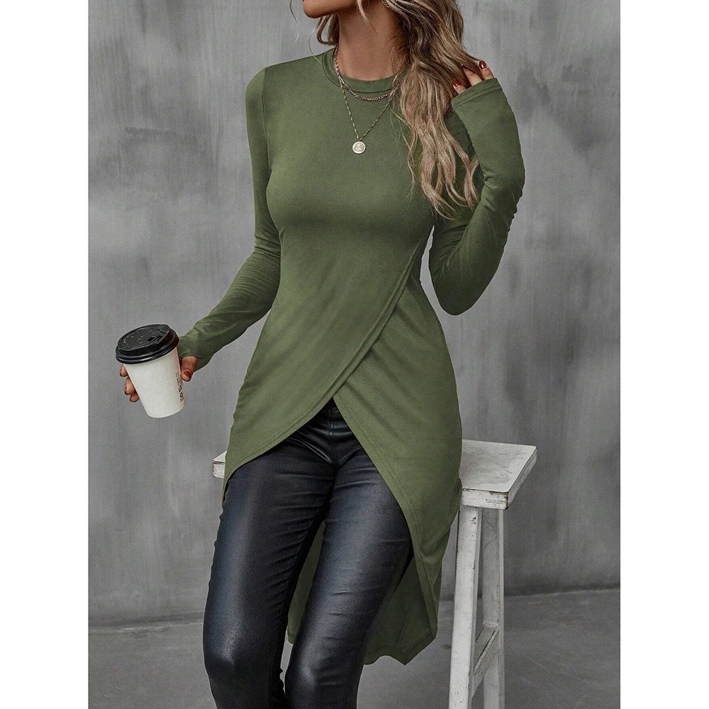 سترة نسائية غير متماثلة بأكمام طويلة: مقاس نحيف قابل للتمدد - ملابس كاجوال للخريف/الشتاء، بلوزة متعددة الألوان بحاشية عالية ومنخفضة #4