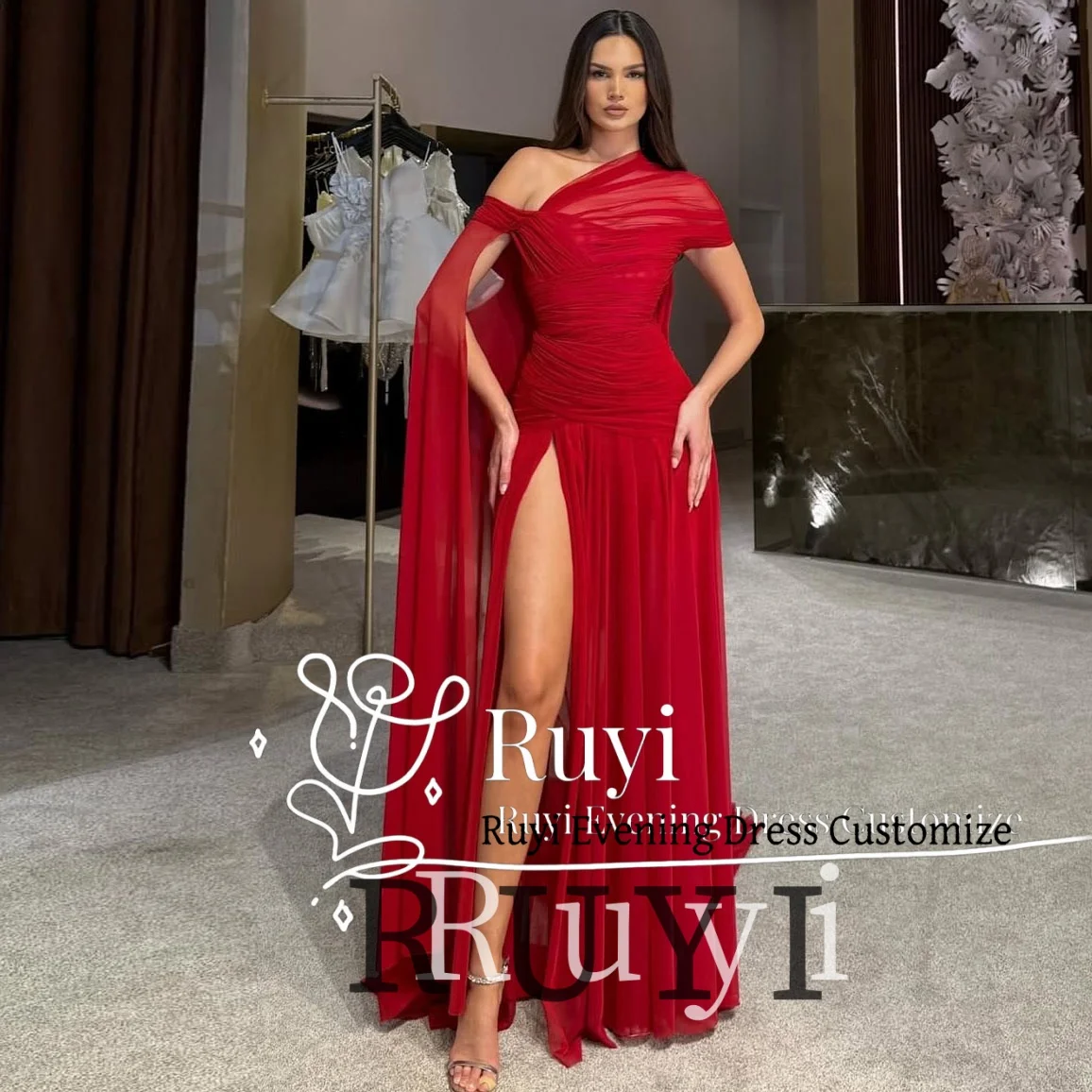 

Customized One Shoulder Red Wedding Prom Dress A-Line Draped Special Occasion Sexy Party Evening Dress