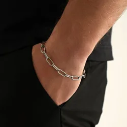 Stylish Paperclip Chain Bracelet for Men Women,Stainless Steel Rectangle Chain Bracelet Gift,Gold/Silver/Black/Grey Color